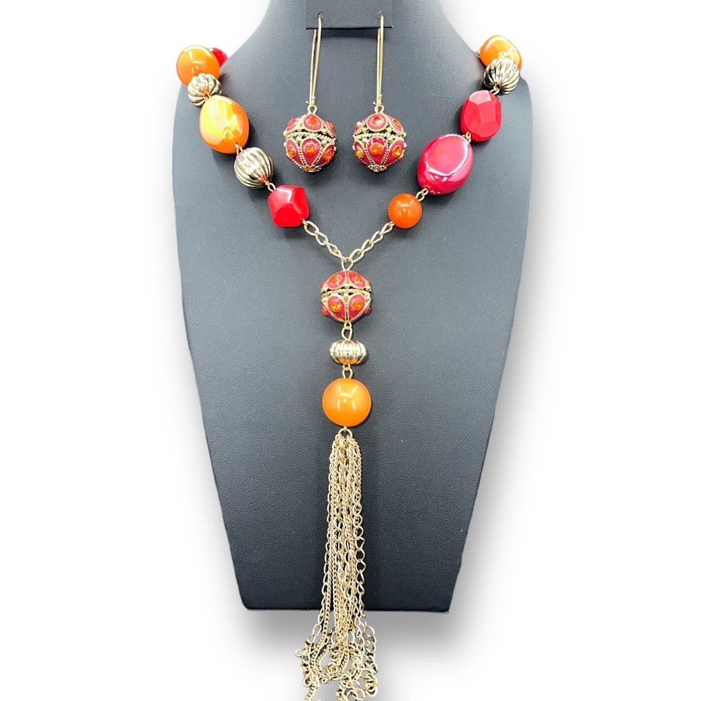 Bollywood Beaded Jewelry Red Orange Gold Chunky Plastic Beads Necklace Earring